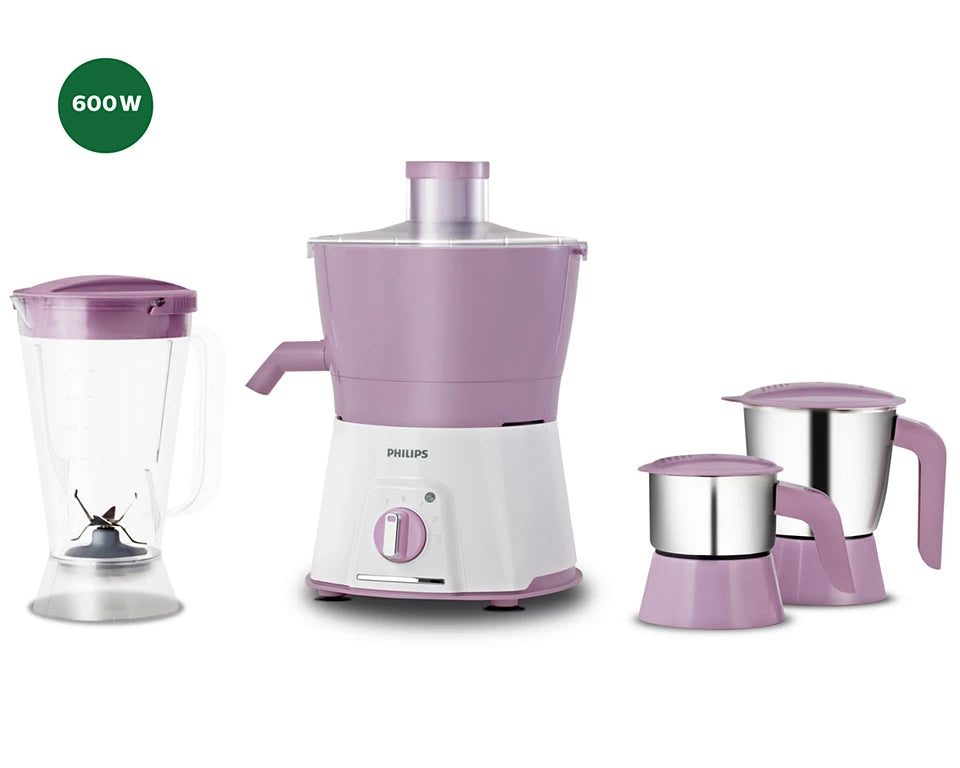 Viva Collection HL7581/00 Juicer Mixer Grinder 600W with Turbo Power Motor - Easy 3-Step Juicing for Tough Fruits and Vegetables