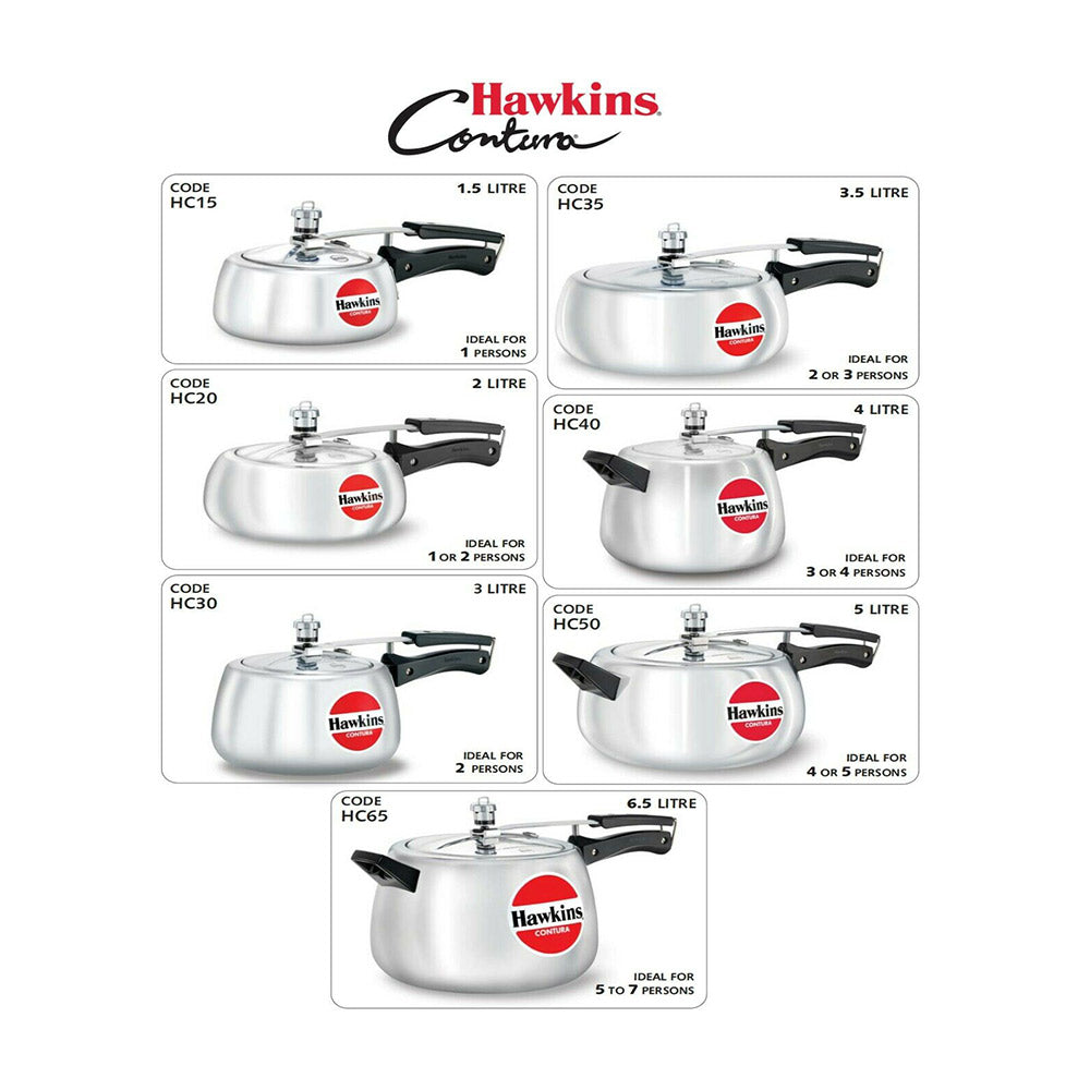 Hawkins Contura Pressure Cooker 1.5 Litre: HC15 with Hawkins Genuine 2 Gasket & 2 Safety Valve