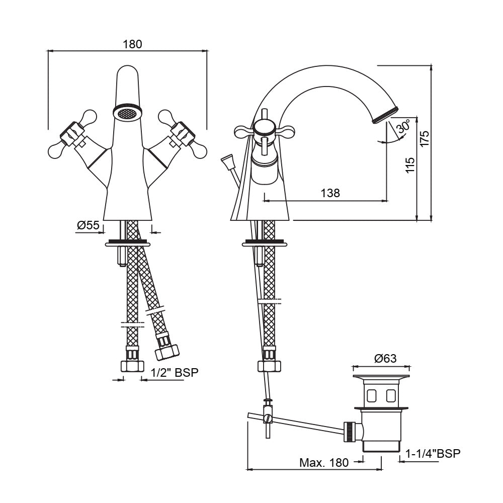 Central Hole Basin Mixer with Pop‑up Waste System (QQP‑CHR‑7169BPM)