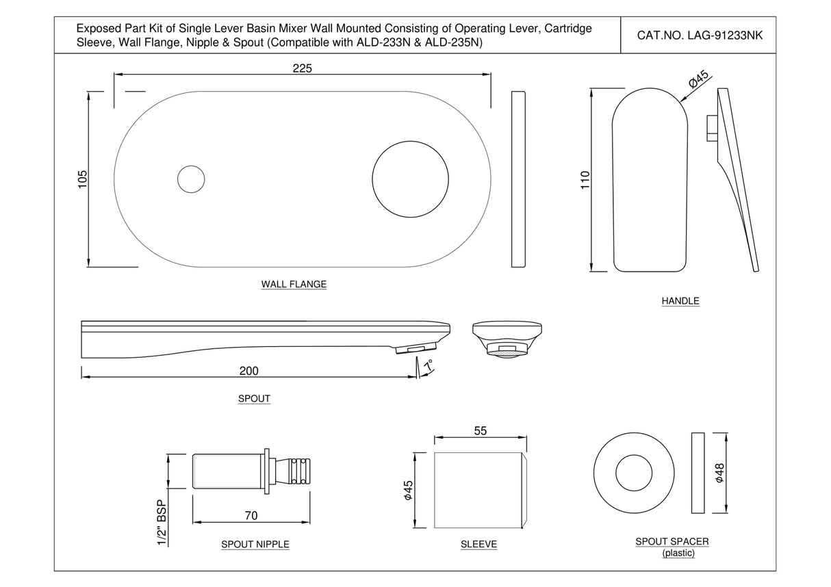 Exposed Part Kit of Single Lever Basin Mixer Wall Mounted - Chrome LAG-CHR-91233NK