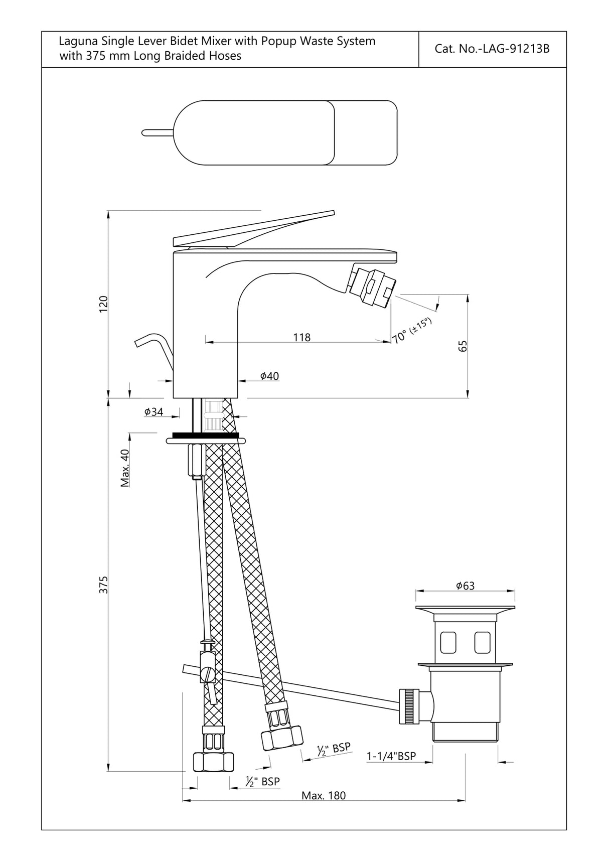 Single Lever 1-Hole Bidet Mixer with Popup Waste System - Chrome  LAG-CHR-91213B