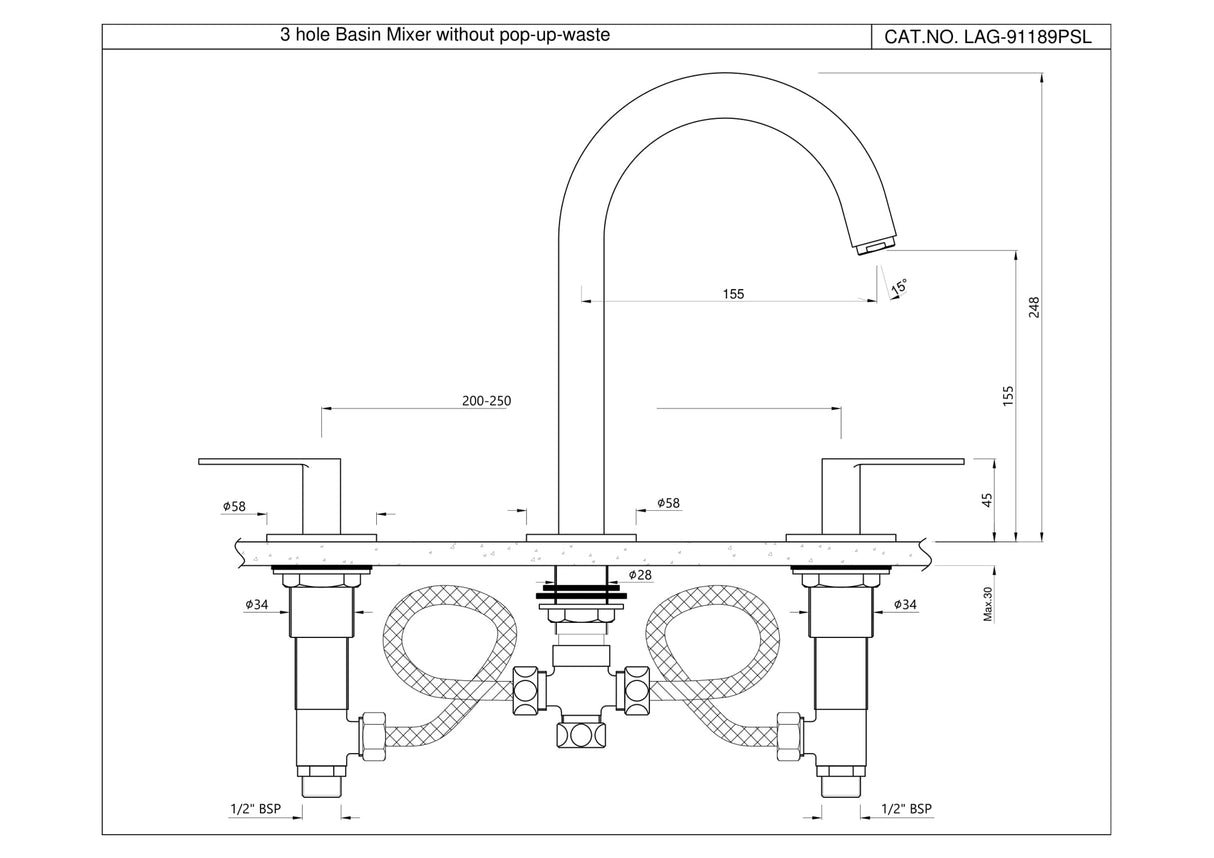 3-Hole Basin Mixer with Pipe Spout - Chrome LAG-CHR-91189PSL