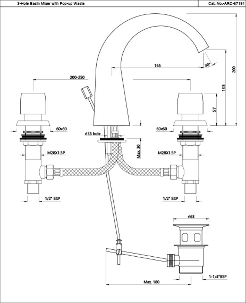3‑Hole Basin Mixer ARC‑CHR‑87191