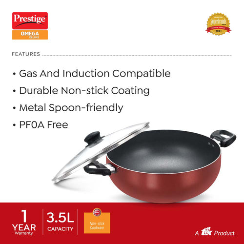Prestige Omega Deluxe Aluminium Non-Stick Round Base Deep Kadai with Glass Lid 24cm (Red) 36725