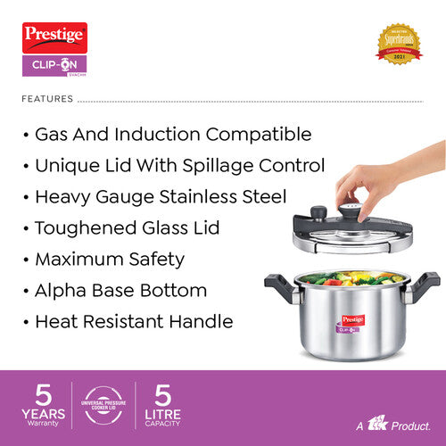 Prestige Clip-on Svachh Stainless Steel Spillage Control Pressure Cooker with Glass Lid, 5 L (Silver) 20230