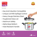 Prestige Clip-on Svachh Stainless Steel Spillage Control Pressure Cooker with Glass Lid, 5 L (Silver) 20230