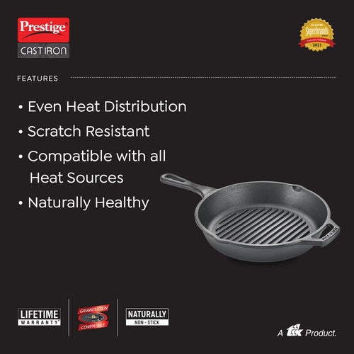 Prestige Cast Iron Scratch Resistant Gas and Induction Compatible Grill Pan, (Black) 30560