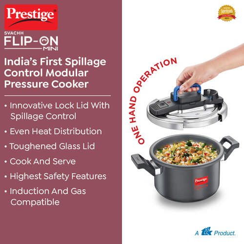Prestige Svachh Flip-on Mini Hard Anodised Spillage Control Pressure Cooker with Glass Lid, 3 Litre (Black) 20168