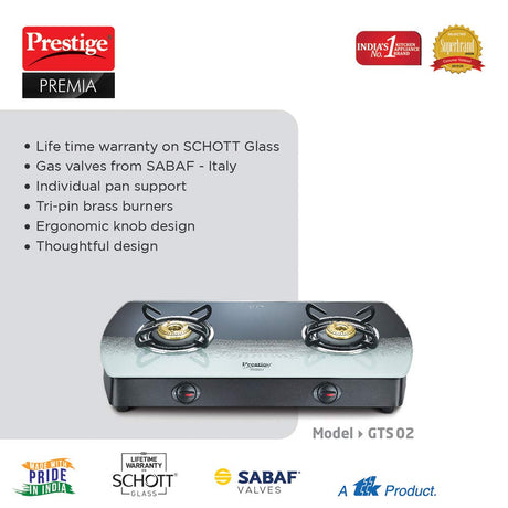 PRESTIGE PREMIA SCHOTT GLASS TOP GAS TABLES-GTS 02 GAS STOVE
