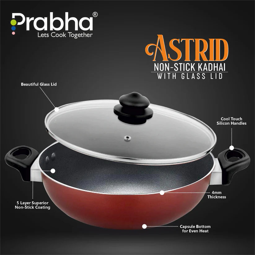 Astrid Nonstick Deep Kadhai With Glass Lid 2L, 22cm