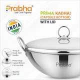 Prima Triply Capsule Bottom Kadhai With Lid – 2.4L, 24cm