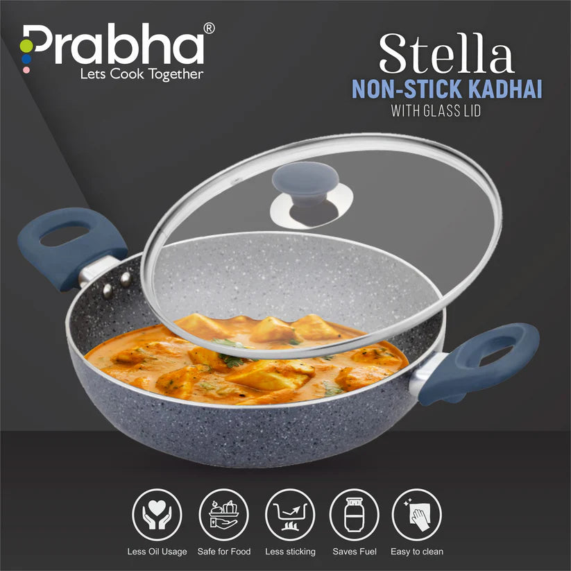 Stella Nonstick Deep Kadhai With Glass Lid 2.4L, 24cm