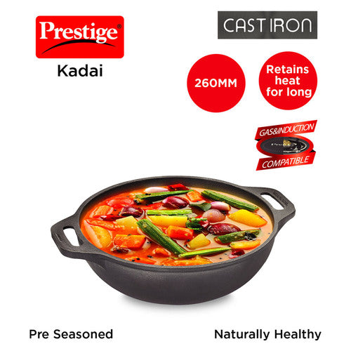 Prestige Cast Iron Scratch Resistant Round Base Kadai, 26cm (Black) 30561