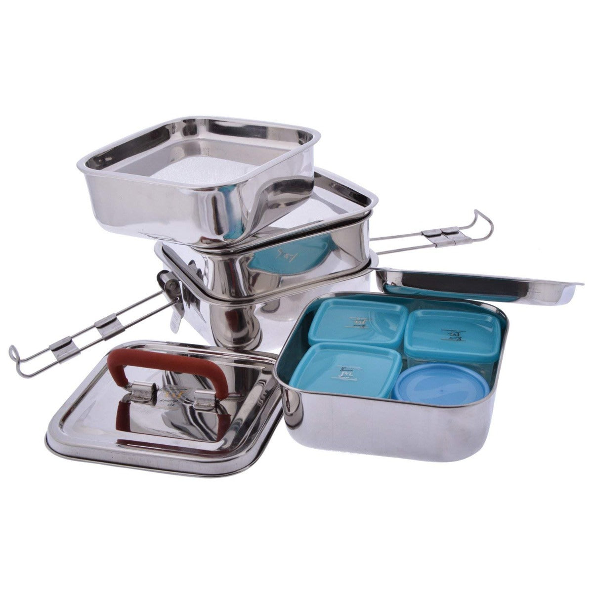 JVL Stainless Steel Mini Square Travel Tiffin Set - 4 Compartment - Small -1 Pcs (MTS)