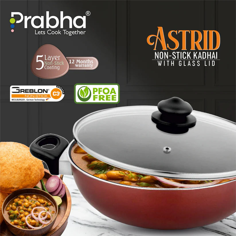 Astrid Nonstick Deep Kadhai With Glass Lid 2L, 22cm