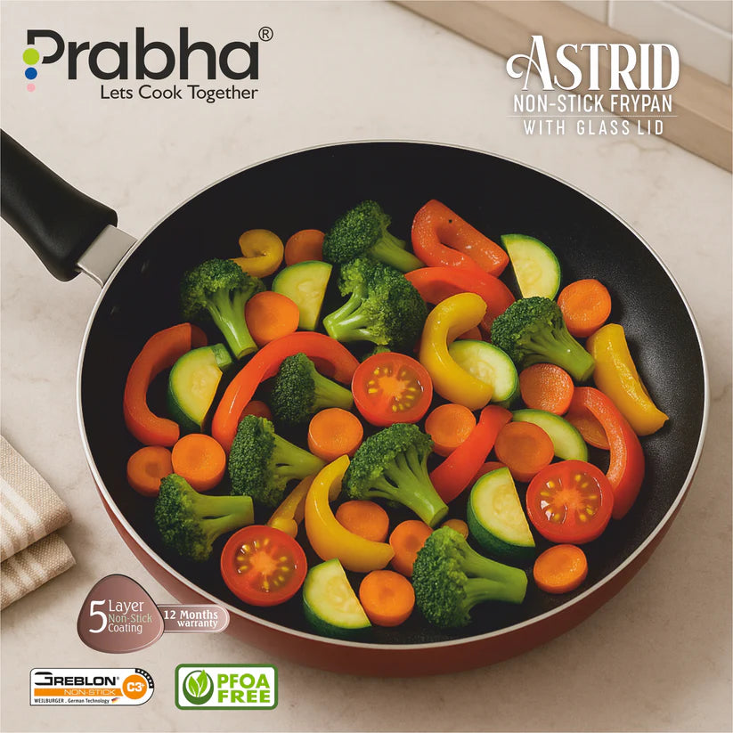 Prabha Astrid Nonstick Deep Frypan With Glass Lid 2L, 26cm