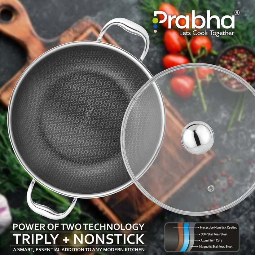 Tri-ply Hexa Cube Kadhai With Lid – 2.8L, 24cm