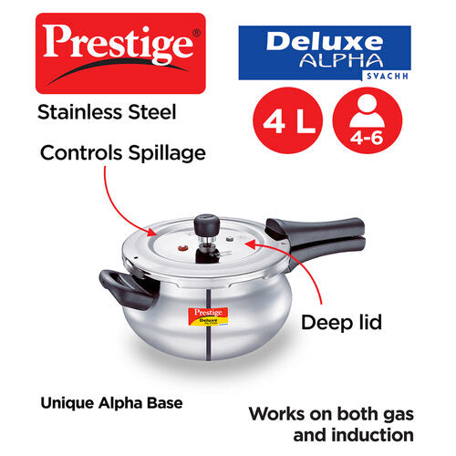Prestige Deluxe Alpha Svachh Stainless Steel Spillage Control Junior Handi Pressure Cooker, 4 L (Silver) 20268