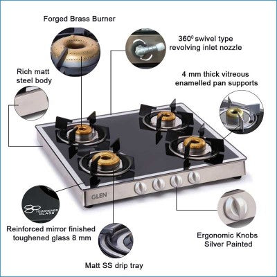 Glen 4 Burner Gas Stove 1042 GT Forged BB Mirror (Non Auto Ignition)