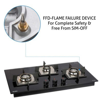 Glen 3 Burner Built-in Glass Hob Top 1073 SQ HT DB FFD (Flame Failure Device)