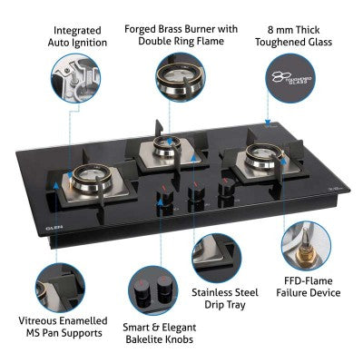 Glen 3 Burner Built-in Glass Hob Top 1073 SQ HT DB FFD (Flame Failure Device)