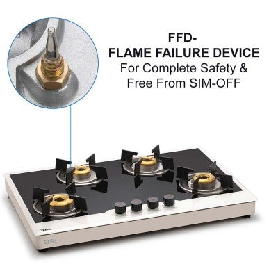 Glen 1074 FB BW AI FFD 4 Forged Brass Burner Free Standing Glass Gas Hob (Flame Failure Device)