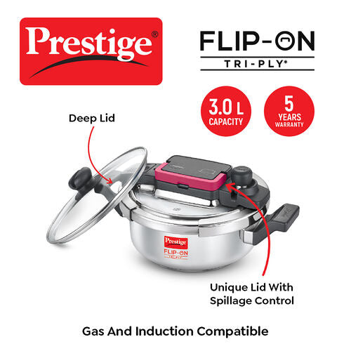 PRESTIGE FLIP-ON TRI-PLY STAINLESS STEEL PRESSURE COOKER 3 L 220m WITH GLASS L|D  20708