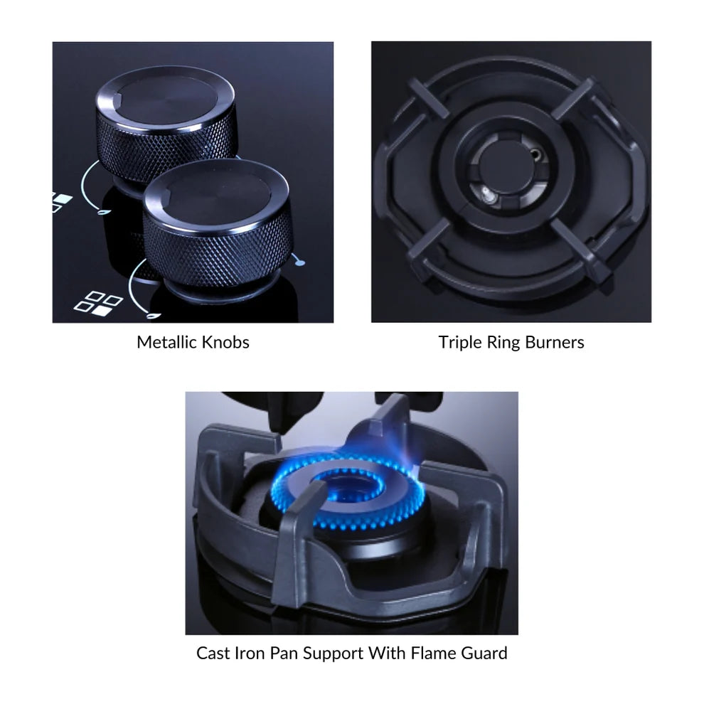 FLEXI HEXA 491 LOTUS IND HD 4 Brass Burners Toughened Glass, Auto Ignition Round Metalic knobs