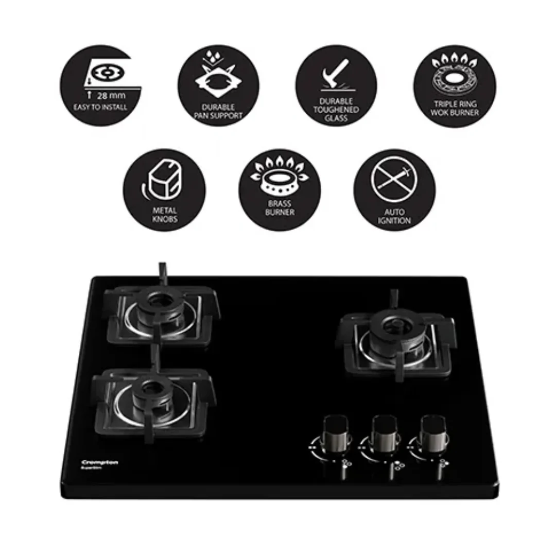 Crompton TAB-SUHB603-MBL-Tablet Hob 60 cm 3 Burner Cooktop