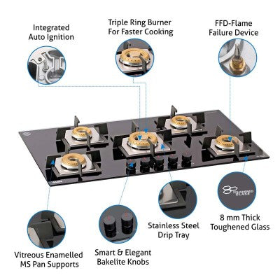 Glen 5 Burner Built-in Glass Hob 1095 SQ INBB TR FFD (Flame Failure Device)