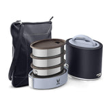 Vaya Tyffyn Black Polished Stainless Steel Lunch Box with Bagmat, 1000 ml, 3 Containers, Black