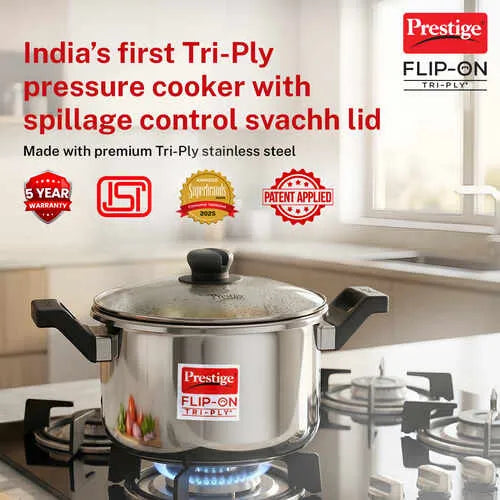Prestige Flip-On Tri-Ply Stainless Steel Pressure Cooker 3 L 180M With Glass Lid 20711