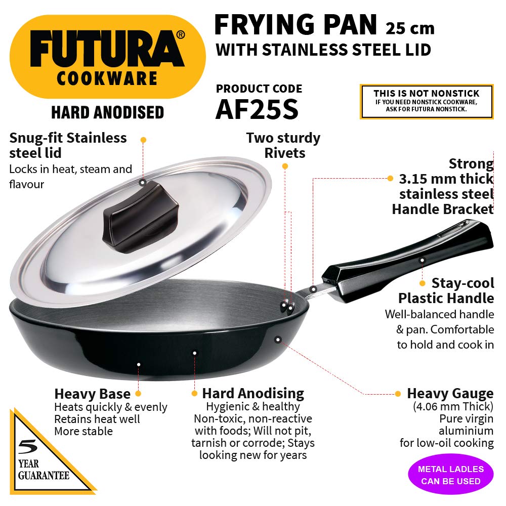 Hawkins - AF18S  Futura Hard Anodised Frying Pan with Steel Lid, 25Cm & Hawkins - ATP1 Futura Hard Anodised Tadka S pice Heating Pan 2 Cup, 480Ml /3.25Mm Thick