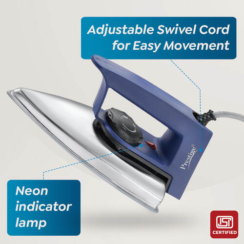 Magic Cruise 600W Dry Iron|Greblon Non-Stick Coated Sole Plate|Wide Range Of Fabric Interface|Light Weight|Neon Indicator Light | Blue & Silver