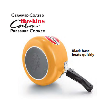 Hawkins Ceramic Coated Contura Pressure Cooker Mustard Yellow 5 Litre : CMY50 with Hawkins Genuine 2 Gasket & 2 Safety Valve