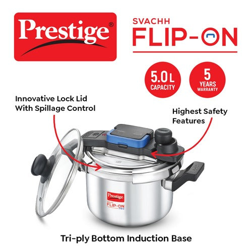 Prestige Svachh Flip-on Stainless Steel Spillage Control Pressure Cooker with Glass Lid, 5 Litre (Silver) 20157