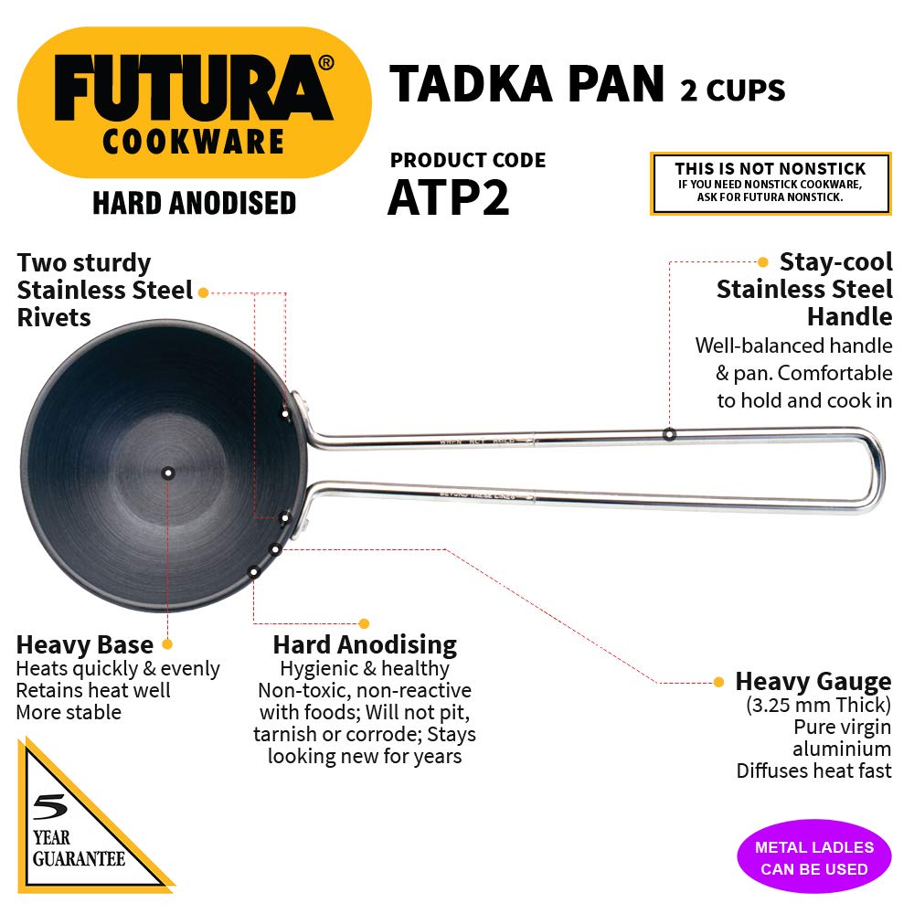 Hawkins - AF18S  Futura Hard Anodised Frying Pan with Steel Lid, 25Cm & Hawkins - ATP1 Futura Hard Anodised Tadka S pice Heating Pan 2 Cup, 480Ml /3.25Mm Thick