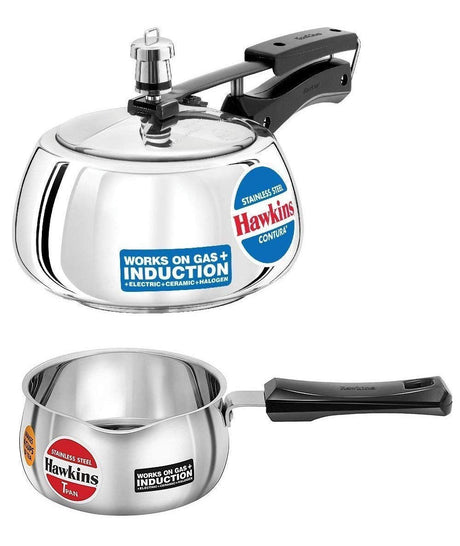 Hawkins Stainless Steel Contura Pressure Cooker, 1.5 L and Tpan/Sauce Pan 1 L (Silver) Set of 2