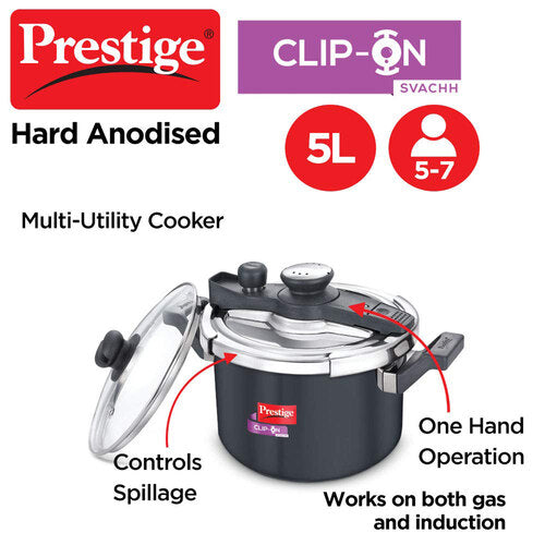 Prestige Clip-on Svachh Hard Anodised Spillage Control Pressure Cooker, 5 L (Black) 20242