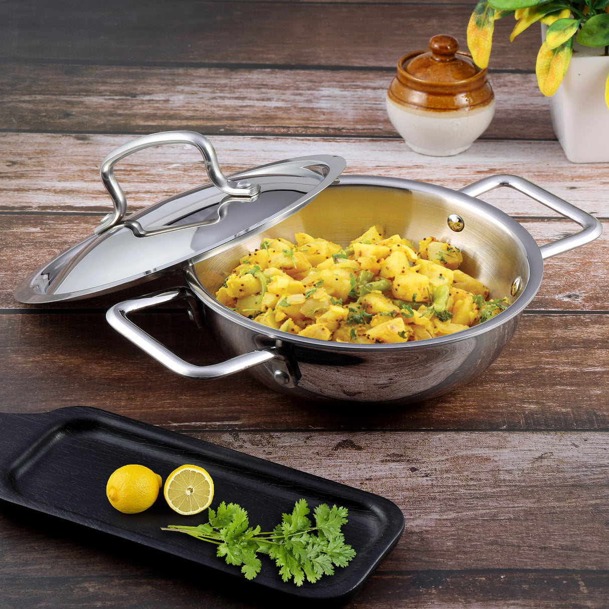 Triply Stainless Steel Extra Deep Kadai With Lid - 3.3 L