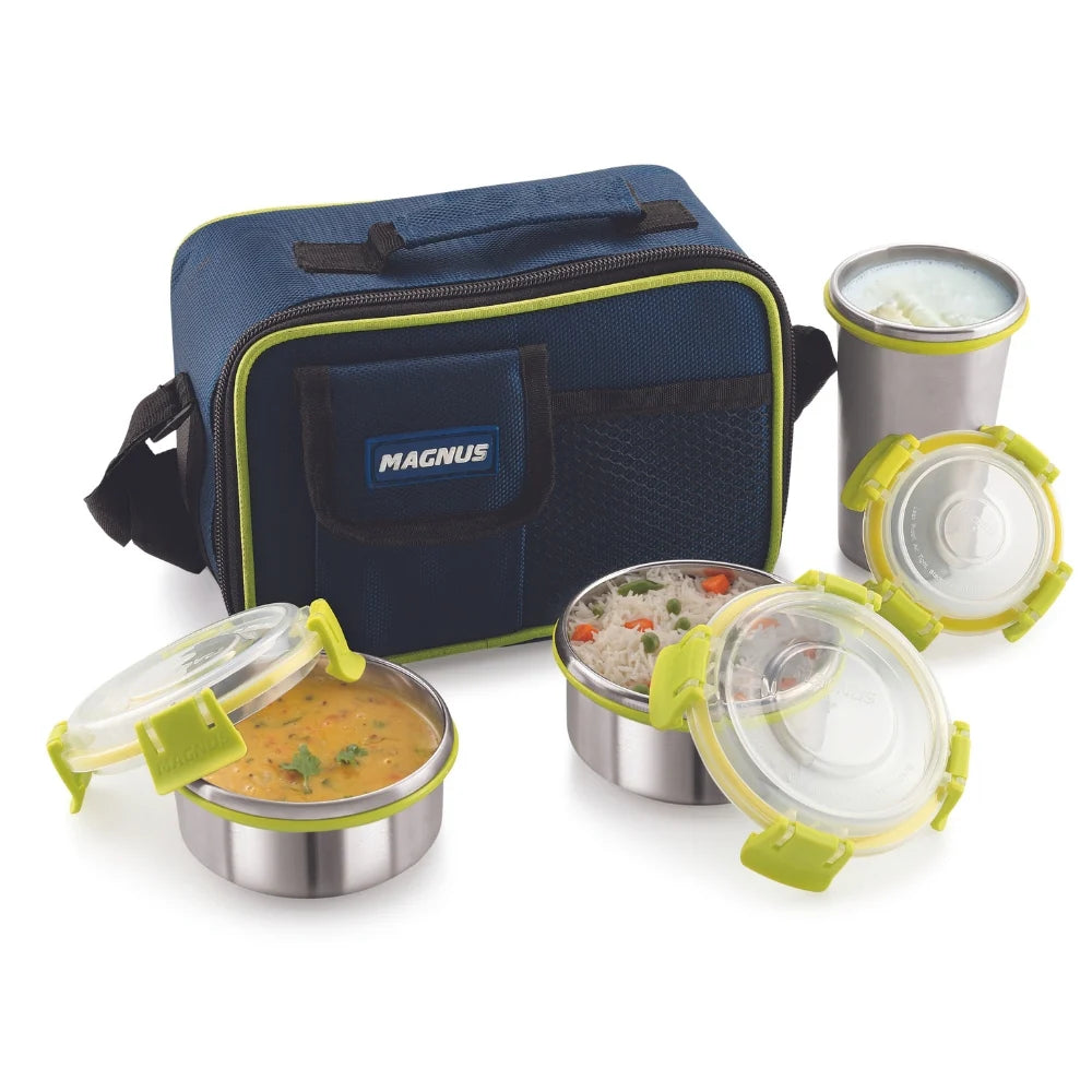 Ethos 3 Stainless Steel Lunch Box Set | 2 Containers & 1 Glass | Air-Tight, Leakproof, Insulated Bag | Ideal for Kids, Office Men & Women | Green