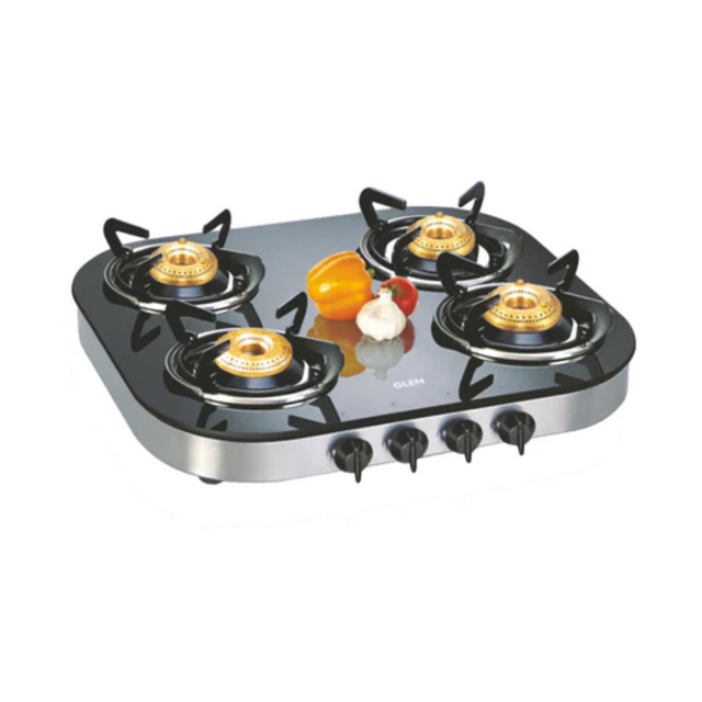 Glen 4 Burner Glass Gas Stove 1 High Flame 3 Brass Burner Round Corners (1046 GT)