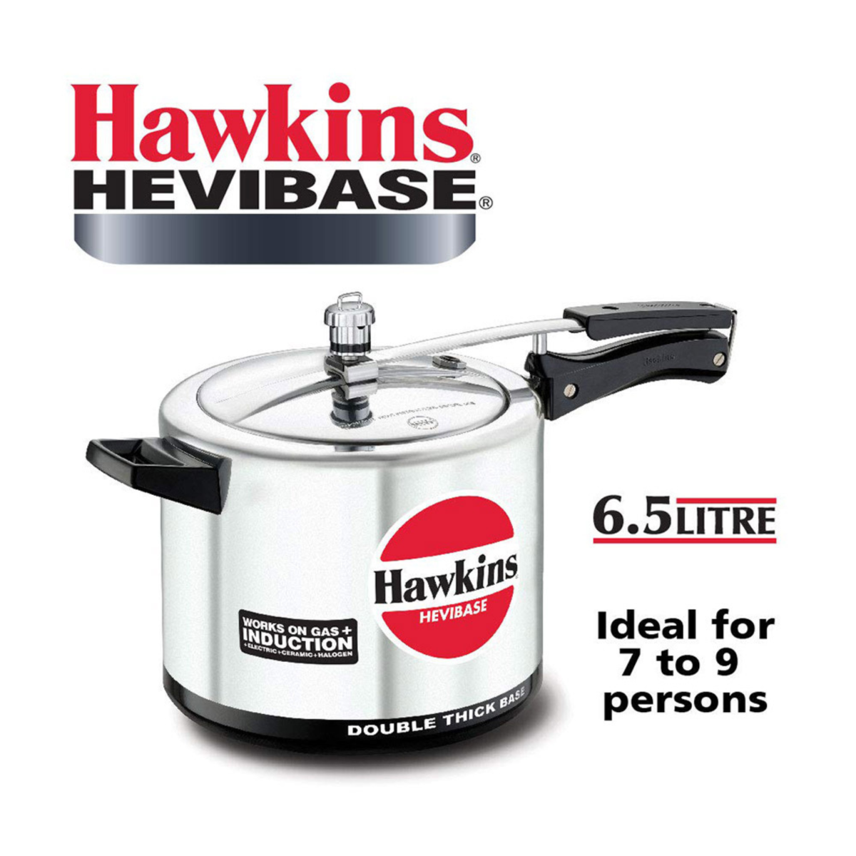 Hawkins Hevibase Pressure Cooker 6.5 Litre: IH65  with Hawkins Genuine 2 Gasket & 2 Safety Valve