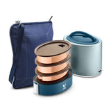 Vaya Tyffyn Blue Copper-Finished Stainless Steel Lunch Box with Bagmat, 1000 ml, 3 Containers, Blue