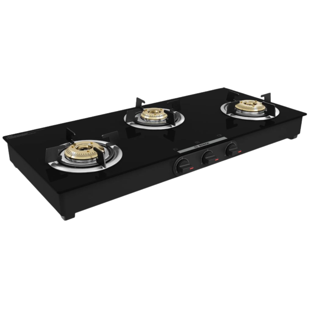 Bosch Series 4 PNW1E6W10I Tabletop Gas Hob 80cm Black Tempered Glass 3 Brass Burners