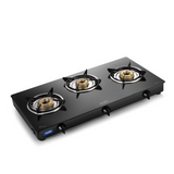 Glen 3 Burner Glass Gas Stove with Brass Burner Black 1034GT BB BL