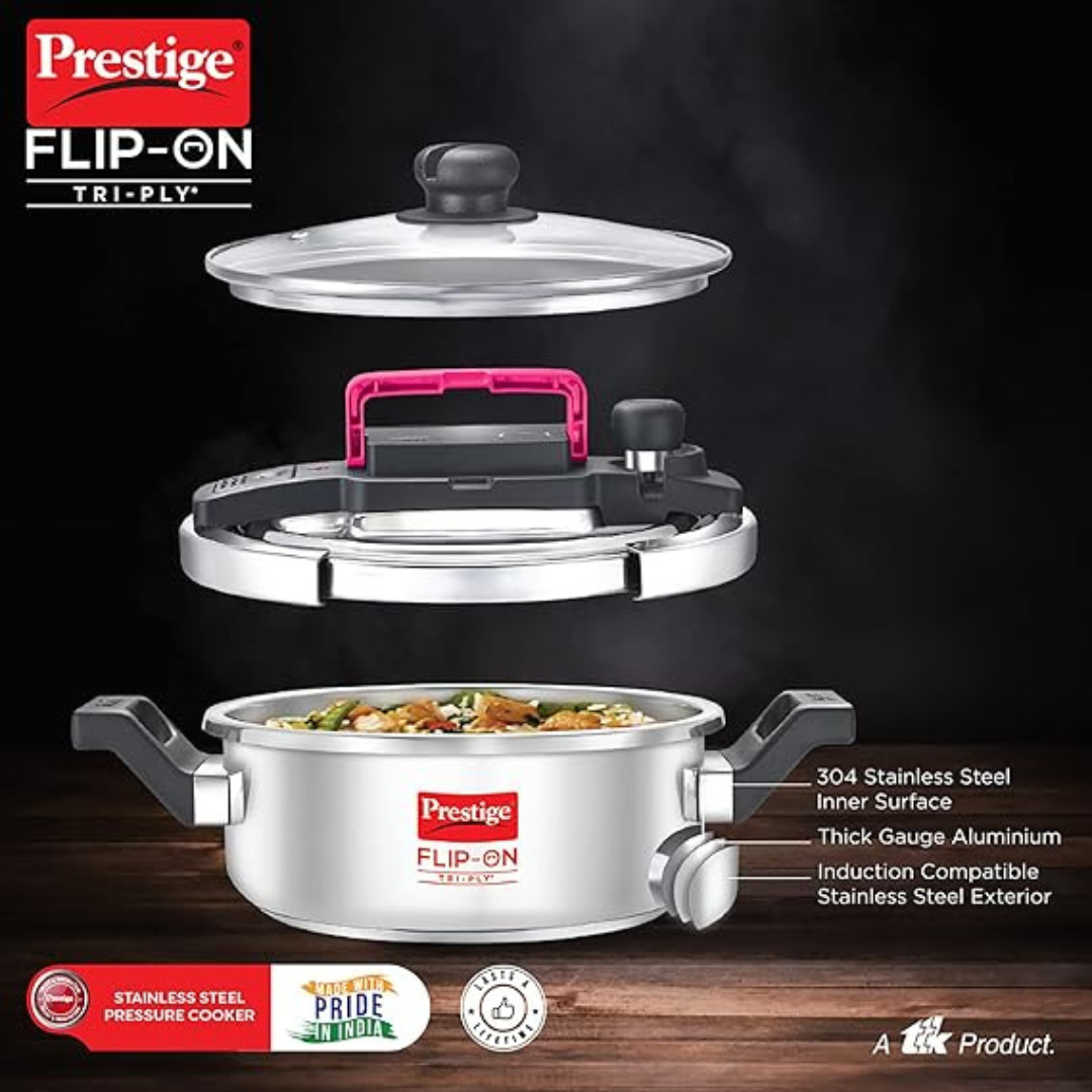 PRESTIGE 3 LITRE FLIP-ON TRI PLY SVACHH PRESSURE COOKERS.

