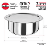 Hawkins 3 Litre Metro Patila, Triply Stainless Steel Tope with Stainless Steel Lid, SSP30S