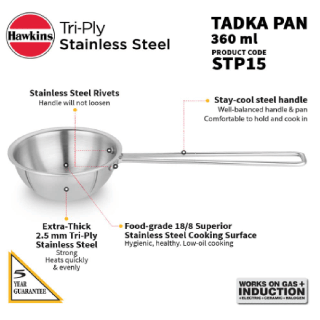 Hawkins 1.5 Cup Tadka Pan, 360 ml Triply Stainless Steel STP15