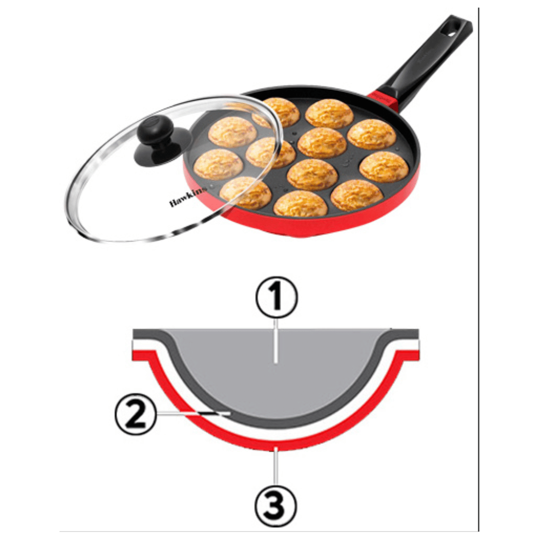 Hawkins 26 cm DIE-CAST Appe Pan, Non Stick Paniyaram Pan with Glass Lid, 12 Cups Paniyarakkal Ceramic Pan, Litti Pan, Kuzhi Paniyaram Pan, Ponganalu Pan, Red NAPE26G